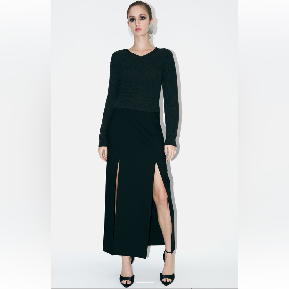 Zara Black Slit 100% Wool high waist Midi Skirt size XS ZW Collection NWT - Picture 3 of 15